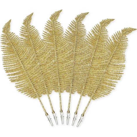 6 Stück 22 cm goldene Glitzerfedern zum Anklipsen, Weihnachtsbaumschmuck, glänzende Ornamente, Weihnachtsdekoration für Zuhause (Gold) (1/5)