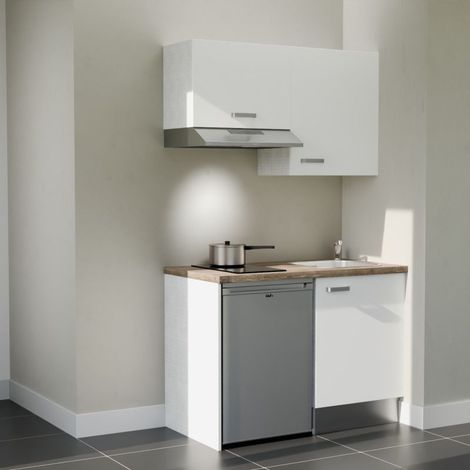 Kitchenette K01L-PT - 120 cm - plan stratifié, évier inox, - Façade Blanc - Plan Bois - Evier Inox - Crédences Non + Electroménager inclus coloris Inox (1/5)