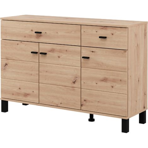 Kommode Jerico, Anrichte mit 3 Regalböden, 2 Schubladen, 4 Fächer, 116x35x78h cm, Eiche Braun Knoten