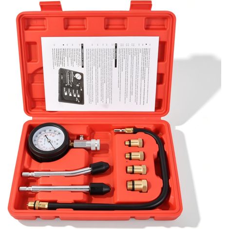 Gasoline Engine Compression Tester Pressure Gauge with Thickness Gauge and 4 Adapters M10 M12 M14 M18 Fits Cars Motorcycles Trucks Petrol Engines (1/5)