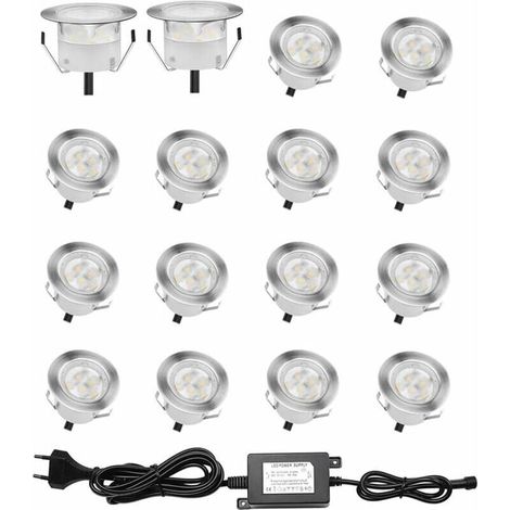 Lot de 16 Spots LED Encastrable pour Terrasse Bois, Etanche IP67, Spots à Encastrer Extérieur, 0,6W DC12V, Lumière Blanc, Kit Mini Lampe [Classe énergétique A+]-LIAIKI