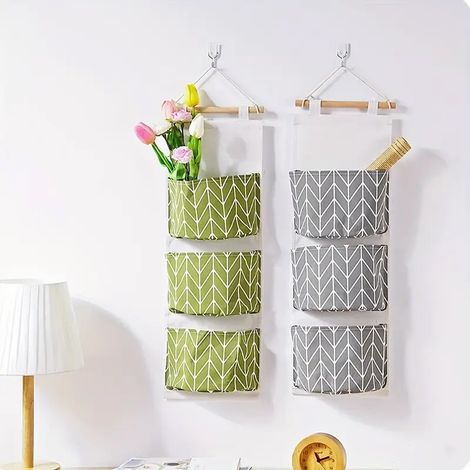 2 Sacs Suspendus 3 Poches Vert Gris pour Salle Bain (1/5)