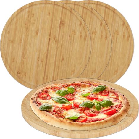 Relaxdays Set of 4 Pizza Boards, Natural Bamboo, Ø 32 cm, Serving Plate, Round Platter, Cheese & Charcuterie, Natural