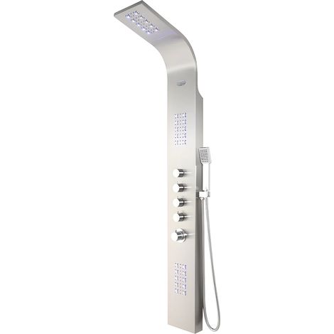 Vente-Unique – Colonne de douche thermostatique à leds – Pomme haute 50 micro-jets – Acier inoxydable – Longueur 20 cm – Hauteur 165 cm – Argenté (1/5)