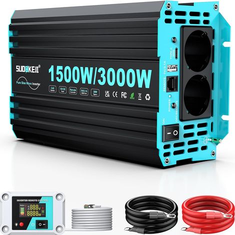 Convertisseur de Tension sinusoïdale Pure 1500 W/3000 W 12 V vers 230 V avec télécommande LCD, Ports Type-C et USB, 2 Prises CA UE pour Solaire, véhicules, Camping-Car (1/5)