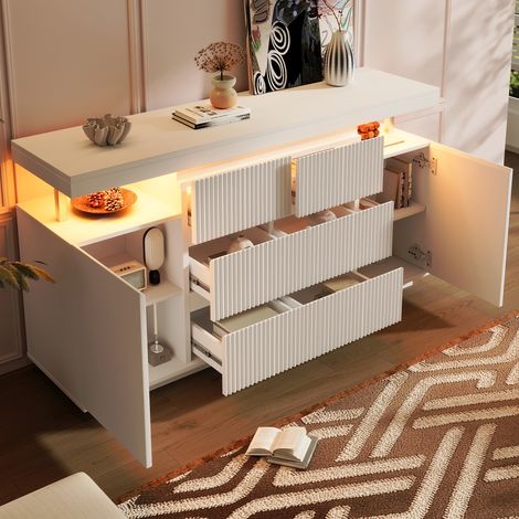Buffet Blanc Moderne avec LED 150x40x78 cm, Commode 6 Tiroirs 2 Portes, Meuble de Rangement Suspendu Façades Cannelées pour Salon (1/5)