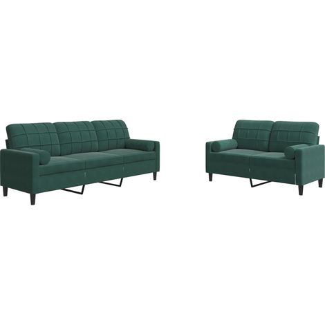 Divano a 3 posti -  Set di Divani 2 pz con Cuscini e Rinforzi Verde scuro Velluto (1/5)