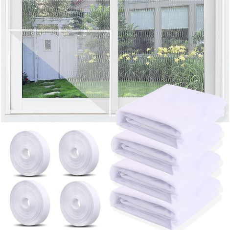 Moustiquaire Fenêtre Écran Filet Insecte en Maille Avec Auto Rubans Adhésifs 130 x 150 cm 4 Pièces Blanc (1/5)