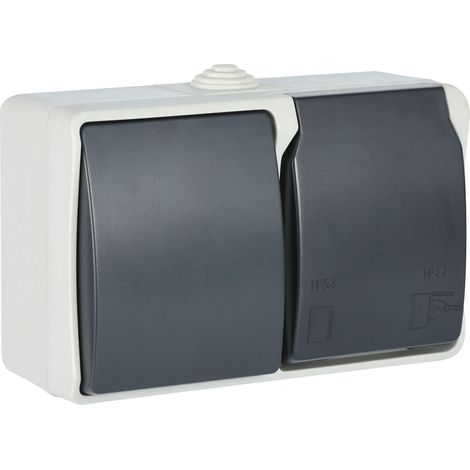 Prise Schuko 1 prise et interrupteur avec couvercle, convient pour l'extérieur et les pièces humides, protection IP44, gris/anthracite (1/3)