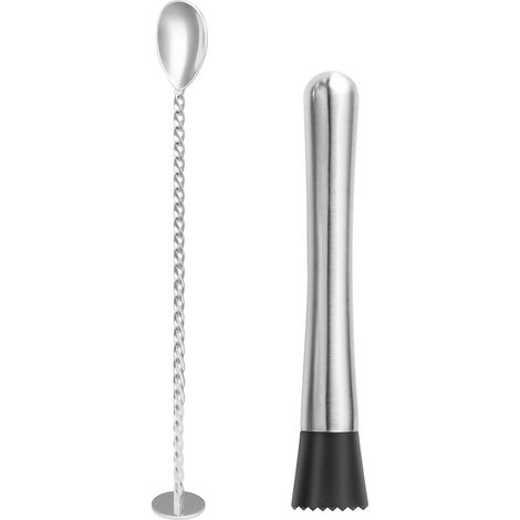 Pilon à cocktails - Pilon à boissons en acier inoxydable et cuillère à mélanger de 29,7 cm - Outils de bar professionnels - FAQ-AquaForge