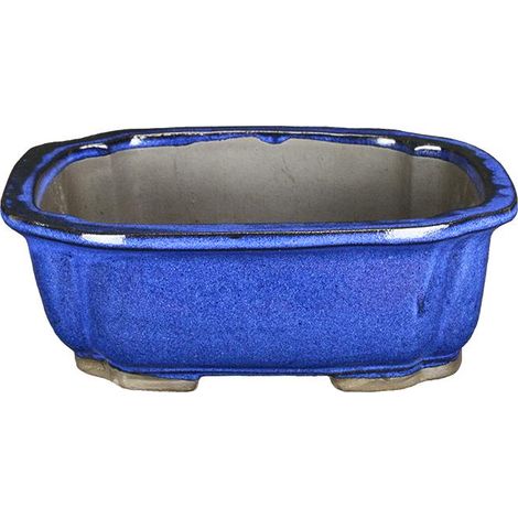Vaso per bonsai rettangolare in gres smaltato blu 21x16x6 cm - BJA5b