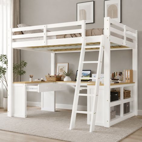 Cama alta infantil con mesa en U, 2 cajones y estantería, 207x185x170 cm, madera y MDF, blanco y natural (1/5)