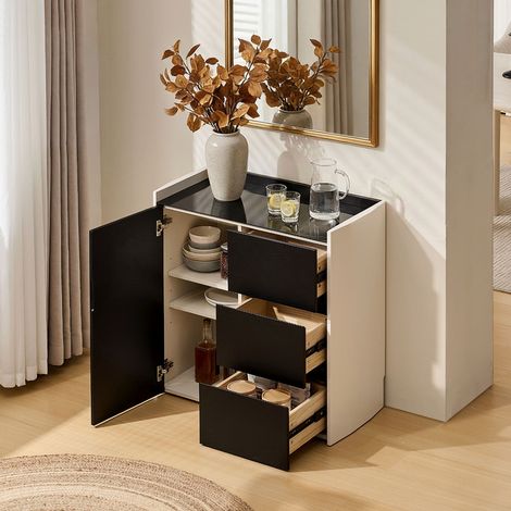 Modern Sideboard Cabinet, Wooden Buffet Cupboard with Adjustable Shelves, Large Storage Cabinet for Kitchen Living Dining Room Hallway Black White Small (1/5)