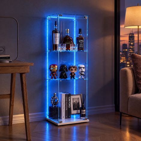 JOOKGBD–Vetrina in Vetro con LED,3 Ripiani,1 Anta con Serratura,Armadio per Collezione,per Soggiorno,Bar,Ufficio,Bianco
