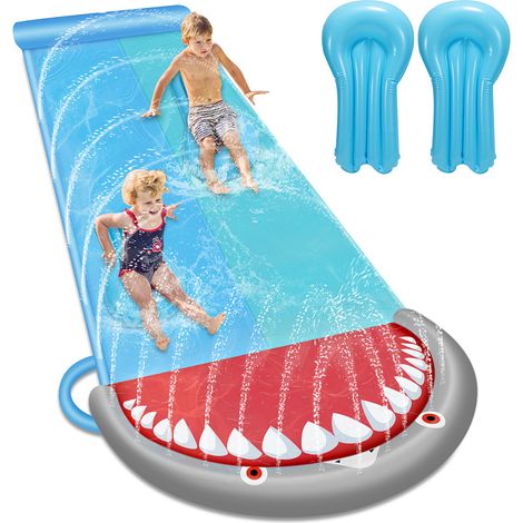 Jiubiaz Tapis de Glisse Aquatique Double 550cm avec 2 Planches, Arroseur Intégré & Coussin Gonflable de Sécurité, Jeu d’Été Jardin