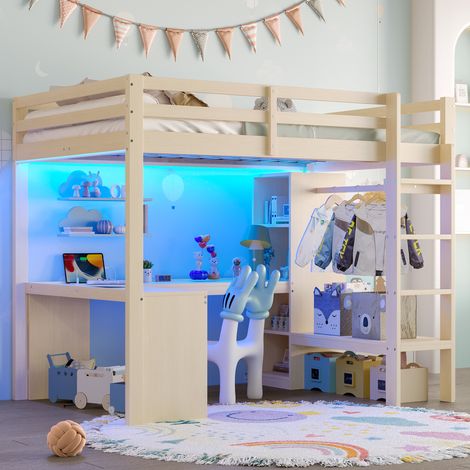 Mezzanine 140x200 cm en bois naturel, lit surélevé avec étagères, bureau intégré, éclairage LED et ports USB.