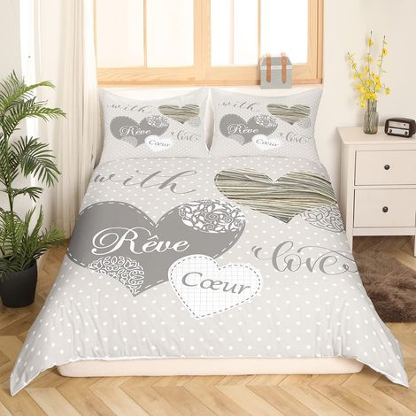 Parure De Lit Gris Kaki Femme Homme Couples Housse De Couette en Microfibre Imprimé Cœur Housse Couette 220 X 240 Simple Polka Dots Love avec 2 Taie d'oreiller (1/5)