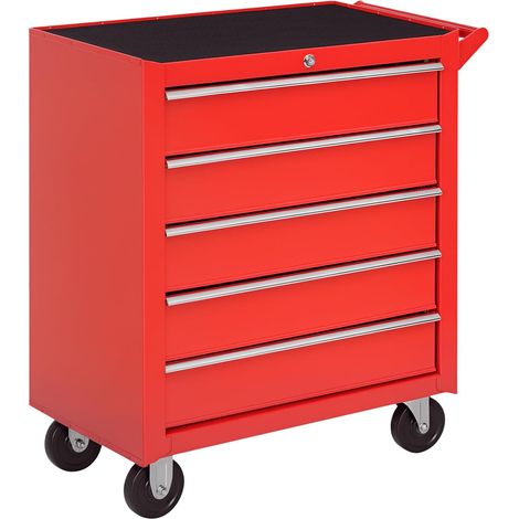 Servante d'atelier en Acier, Chariot à Outils sur roulettes, 5 tiroirs, résistante aux Rayures, Caisse à Outils pour Atelier, verrouillable 2 clés, Rouge (1/5)