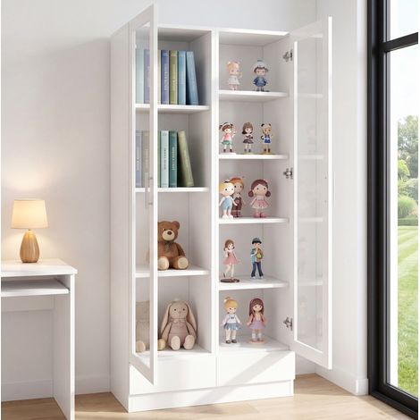 Vitrinenschrank mit 2 Schubladen, 160 x 40 x 80 cm, weiß HAVRYA (1/5)