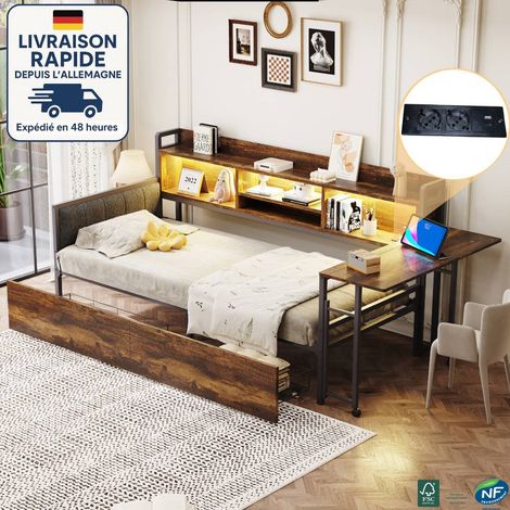 MODFU - Divano letto 90x200 cm, letto per bambini con cassetti, letto singolo con illuminazione a LED, scrivania ribaltabile, presa di corrente, materasso non incluso, metallo + MDF, marrone
