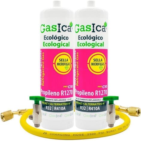 2 Botellas Gas refrigerante GASICA C10 compatible con R32 R410A válvula incluida y manguera (1/5)