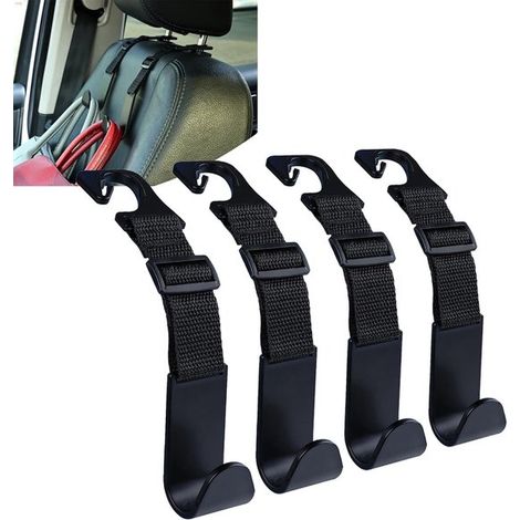 Ganchos ajustables para reposacabezas de coche, paquete de 4, organizador para respaldo de coche, colgador para bolsos, ajuste universal, negro (1/5)