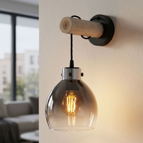 Wandleuchte Schlafzimmerleuchte Flurlampe Rauchglas Holz natur schwarz H 33 cm (1/5)