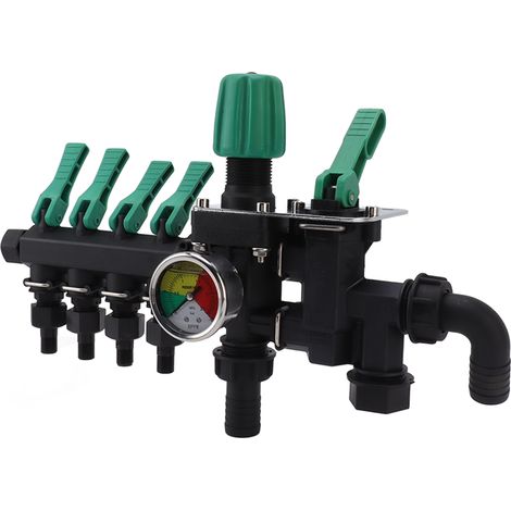 Collecteur de tuyau d'arrosage 4 voies avec robinet en Y, interrupteur séparé, multifonction, installation facile, antirouille, pour jardin et exploitation agricole, avec manomètre. (1/5)