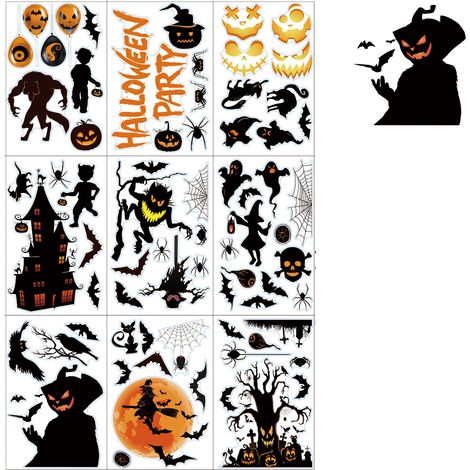 9 feuilles autocollants fenêtre Halloween, PVC double face, motifs chauves-souris citrouilles, décoration intérieur extérieur maison (1/5)