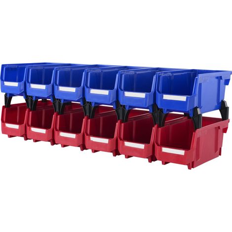 Boîte de rangement en plastique (28 x 13 x 13 cm), empilable, bleu/rouge, lot de 12, pour placard, cuisine, bureau ou garde-manger. (1/5)