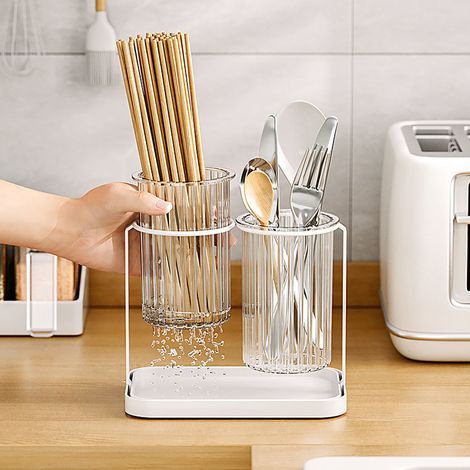 Rangoir couverts pour plan de travail boîte égouttoir baguettes 2 compartiments séparés rangement couverts blanc PP (1/5)