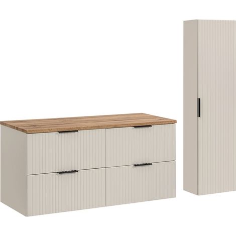 Furnidea - Ensemble ADEL CACHEMIRE meuble suspendu sous vasque avec plan chêne 120 cm et colonne 35 x 140 cm - façades rainurées (1/5)