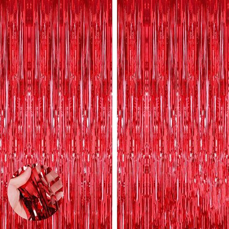 Lot de 2 Rideau Métallique,Franges Aluminium Rouge,Décoration Porte Fenêtre,Fond Photo Fête,Mariage Noël Baby Shower