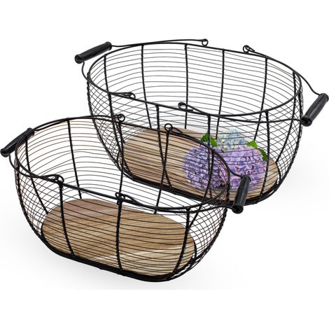 Metall Gitterkorb schwarz mit Holzboden 2er Set - 40 und 34 cm - Deko Drahtkorb mit Tragegriffen aus Holz