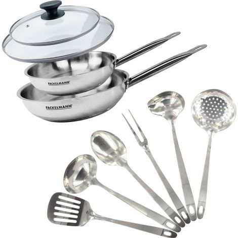 Set de 2 poêles 24 et 28 cm en inox, 2 couvercles verre et 6 ustensiles inox Fackelmann Eterna (1/5)