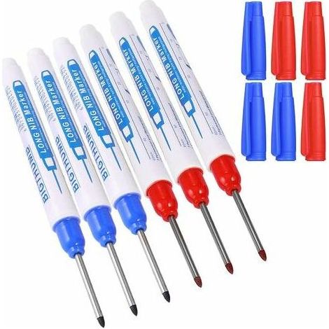 6pcs Marqueurs Trou Profond, Marqueur Charpentier, Stylo Marqueur Indélébile à Pointe Fine de 30 mm, Feutre Permanent pour des Marquages à des Endroits Difficiles d'Accès (Bleu Rouge) (1/5)