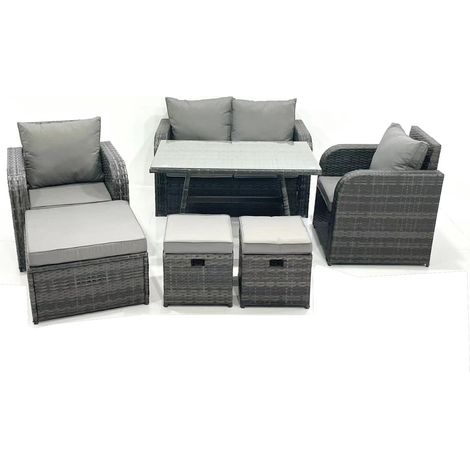 Fimous Gartenmöbel-Set Rattan Sofa Esstisch Set mit Liegestühle 3 Hockern Dunkelgrau Gemischt (1/5)