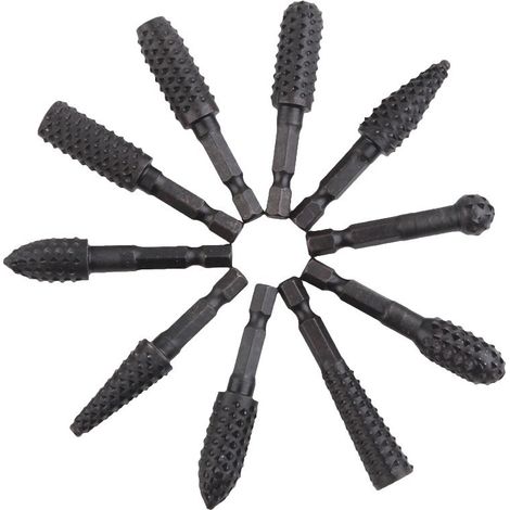 10Pcs Ensemble de Râpes Rotatives pour Fraises 6.35 mm Fraises Rotatives de Poignée Hexagonale en Acier Carbone Outil de Sculpture pour Sculpture sur Bois, Polissage Métaux, Gravure, Noir