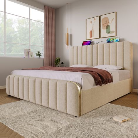 Letto matrimoniale imbottito beige 180x200 cm con testiera USB-C, contenitore idraulico e rete a doghe
