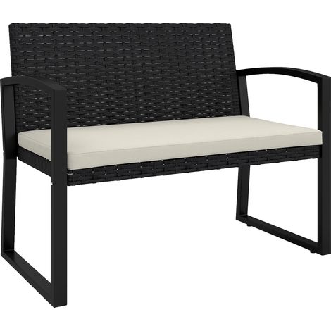 Banc en rotin synthétique pour 2 personnes, 103 x 58 x 78 cm, avec coussin, dossier incliné et structure en acier galvanisé. (1/5)