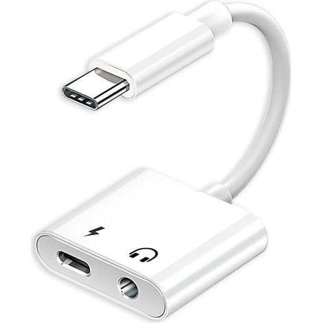 Adaptateur 2 en 1 USB C vers jack 3,5 mm compatible avec iPhone 15/16, Samsung Galaxy, Huawei, Google Pixel, charge rapide PD 60 W, blanc (1/5)