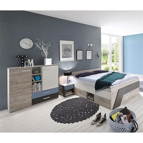 Jugendzimmer Set mit Bett 140x200 cm und Kommode 3-teilig LEEDS-10 in Sandeiche Nb. mit weiß, Lava und Denim Blau (1/3)