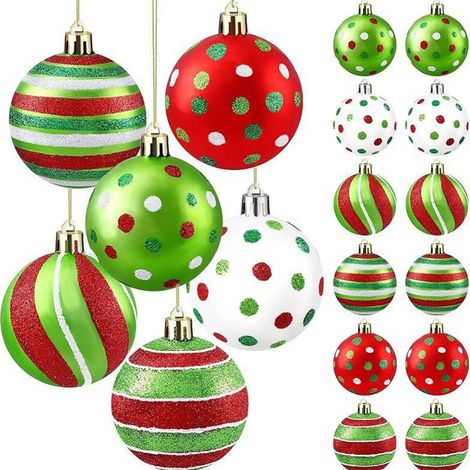 Weihnachtskugel-Set mit 18 Teilen – 6 cm große, farbige, matte Kunststoff-Weihnachtskugeln – gestreifte und gepunktete Weihnachtskugeln als Hängedekoration für den Weihnachtsbaum (1/5)