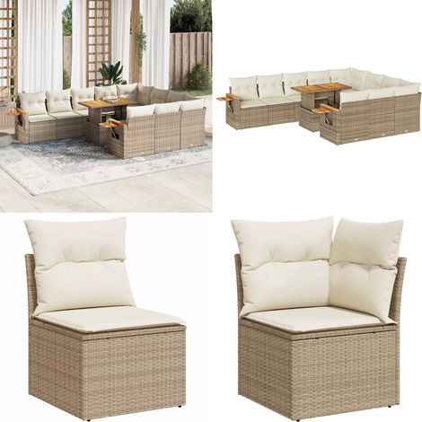 vidaXL Salon de jardin 11pcs avec coussins beige résine tressée acacia (1/5)