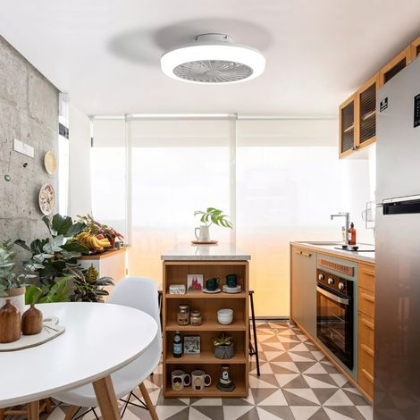 Ventilateur de plafond 46 cm blanc en ABS avec LED dimmable, télécommande et fonction réversible (1/5)