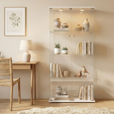 Vitrine en verre 4 niveaux, 2 portes, Armoire d'exposition avec éclairage LED et serrure, Meuble de rangement en verre trempé, 78.5x35x163cm, Moderne, Blanc