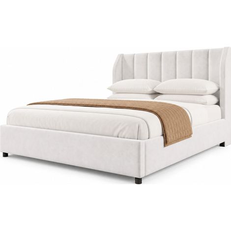 Lit plateforme 140 x 200 rembourré en velours beige avec tête de lit capitonnée, sommier à lattes, 2 coussins, style moderne pour chambre élégante - CHICFURN (1/5)
