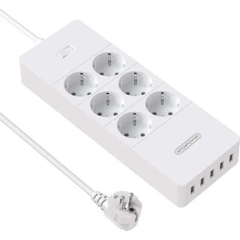 Multiprise USB, Parasurtenseur Parafoudre (Protection 1700 Joules), Bloc multiprise (4000 W / 16 A) à 6 Prises avec 5 Ports USB de Recharge avec Interrupteur et Cordon de 1,5m – Blanc (1/5)