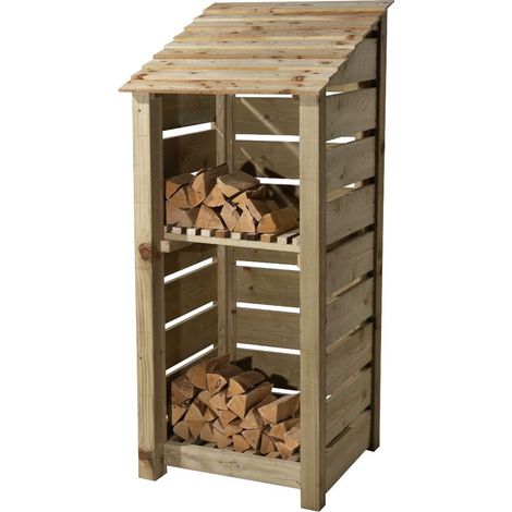 Wooden log store, Slatted timber storage with kindling shelf (W-79cm, H-180cm, D-88cm) natural finish