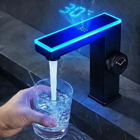 Robinet LED à Affichage Numérique Eau Chaude/Froide, Acier Inoxydable Noir - avec Éclairage (1/5)